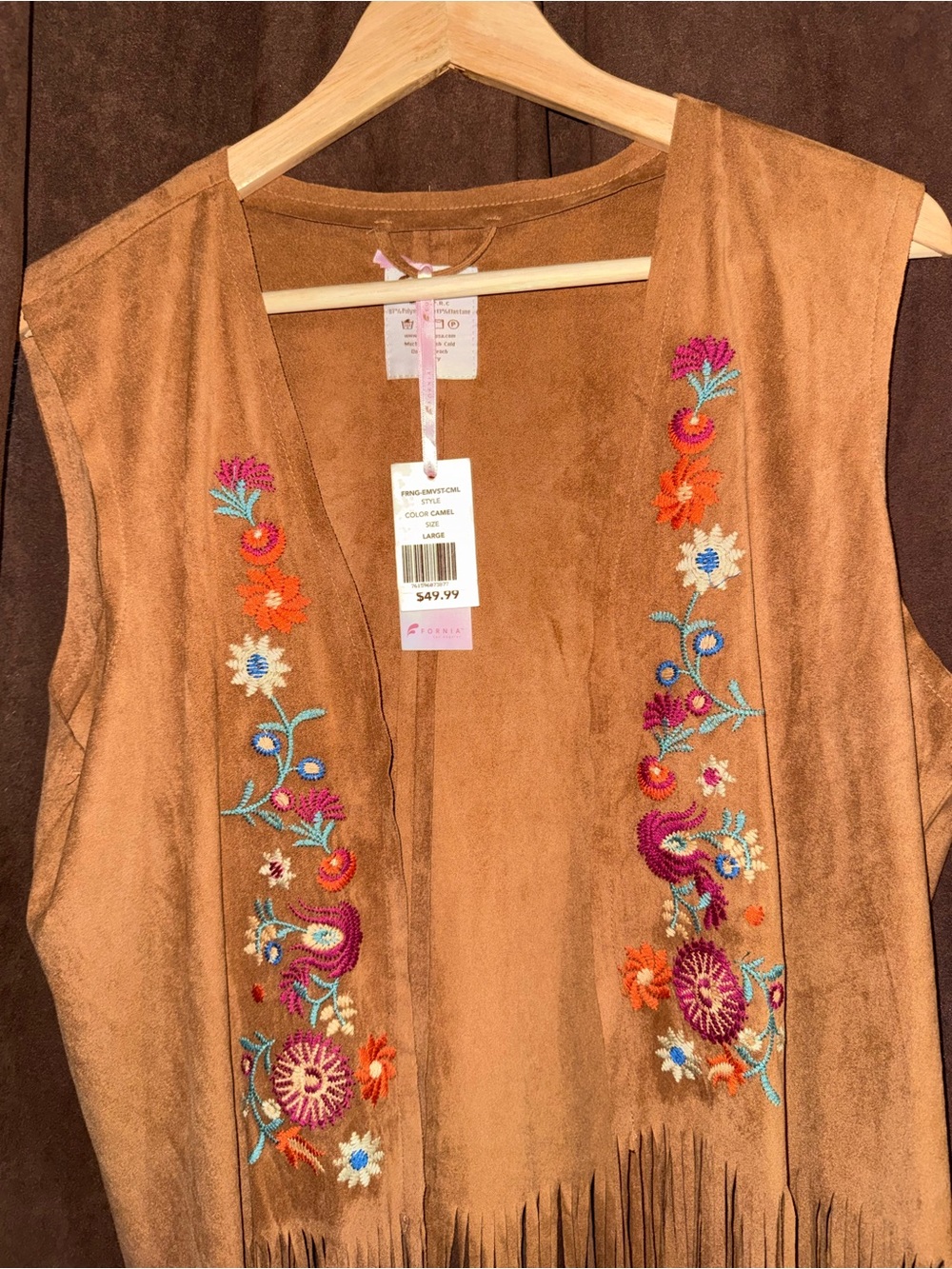 Fringed Suede Embroidered Vest in Light Brown - Picture 3 of 4
